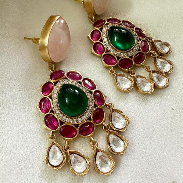 Pink Kundan Jadau tear drop floral drop earrings