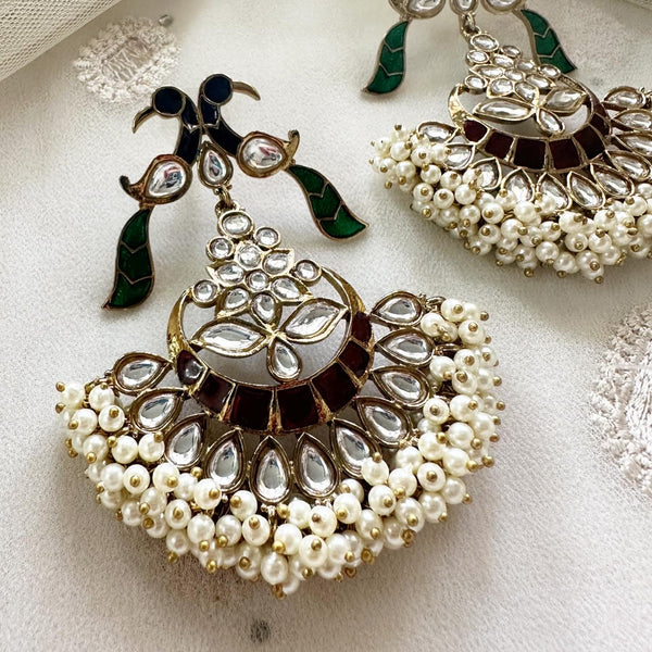 Polki Peacock Pearl cluster statement earrings