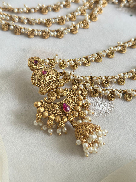 Matte flower chandbali jumkhas with ear chains/maatal attached