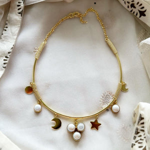 Tri-Pearl & Moon drop hasli neckpiece - Adorna