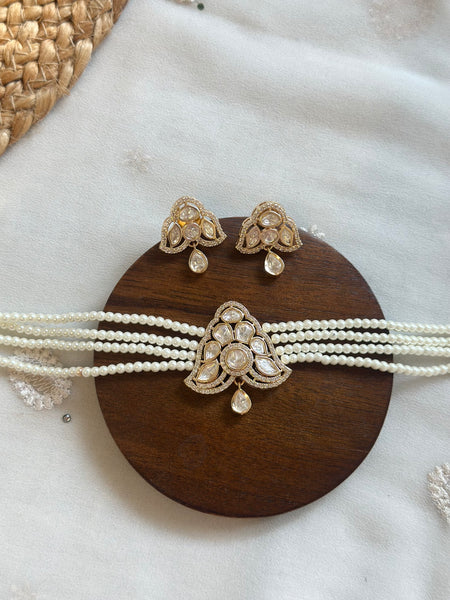 Polki Triangle pendant pearl choker set