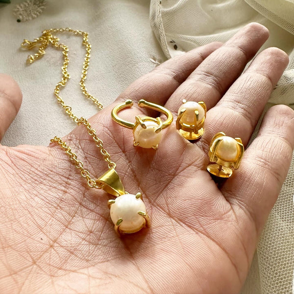 Single pearl combo set - necklace, earrings & finger ring - Adorna