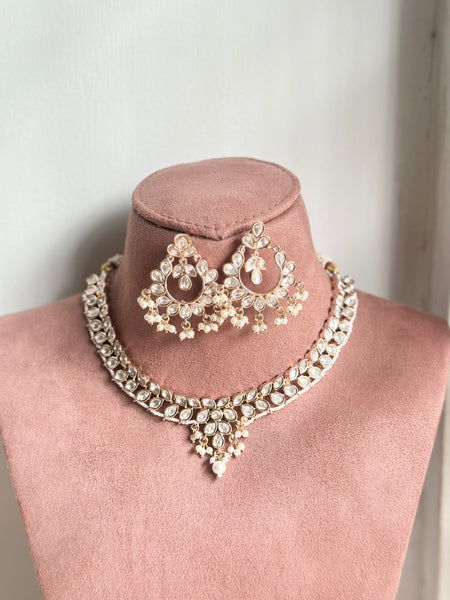 Polki pearl laced leaved short set with chandbali earrings