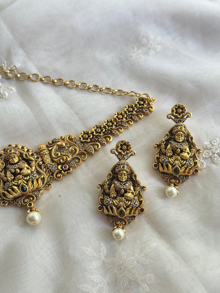 Antique matte Lakshmi Peacock flower choker set