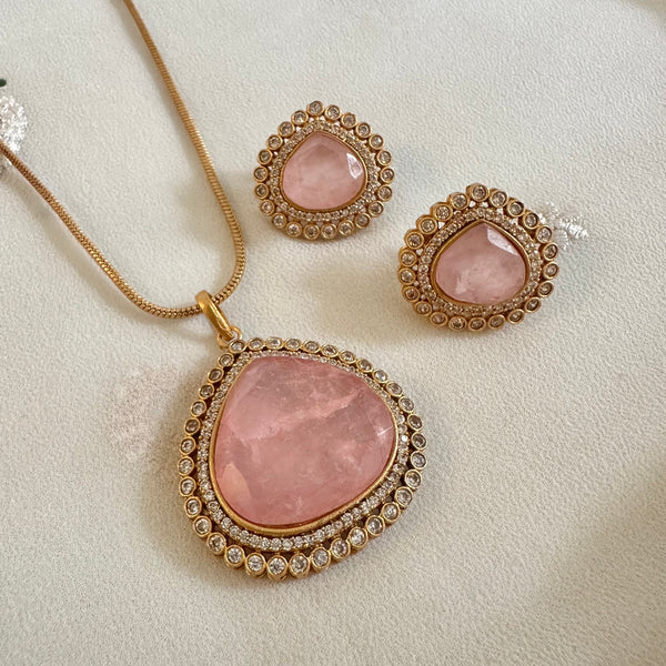 Matte tear drop CZ pendant set- Pink