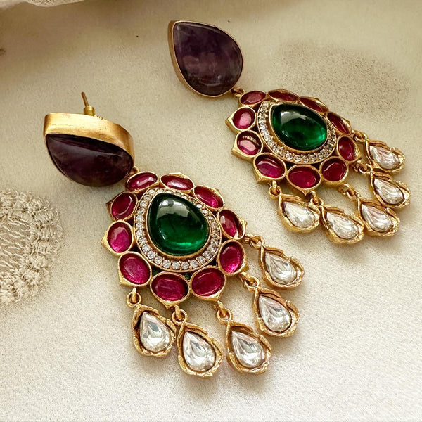 Kundan Jadau tear drop floral drop earrings - Purple