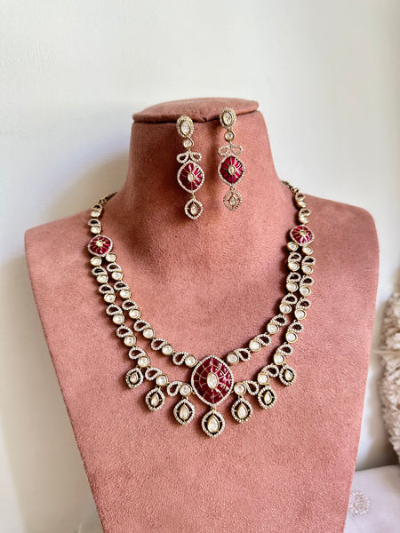 Antique Polki layered short bridal set - Ruby