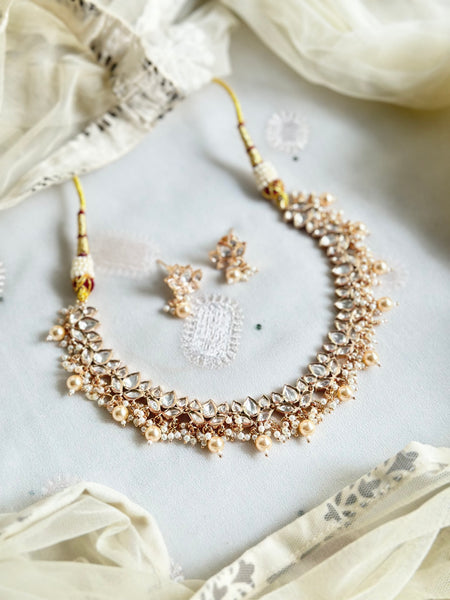 Polki Lotus Pearl cluster drops neckset