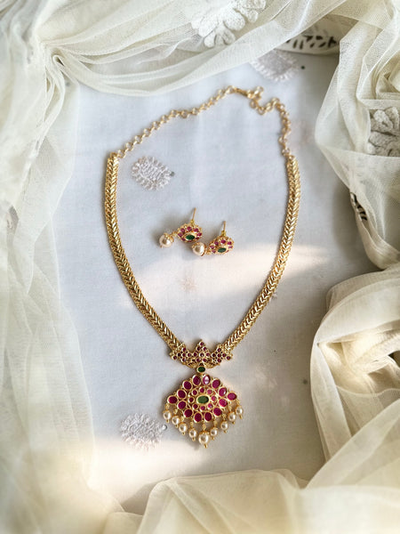 Gold CZ Ruby-Green pendant muruku chain set