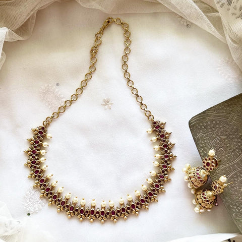 Antique Oval floral spring pearl short set - Full Ruby - Adorna