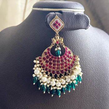 Polki Kundan Pearl long earrings - Ruby-Green