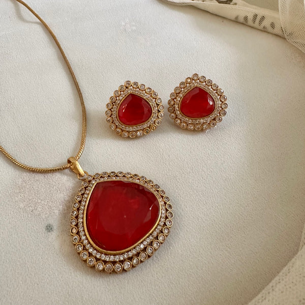 Matte tear drop CZ pendant set- Ruby
