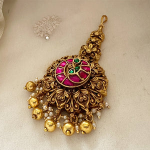 Kundan Jadau Peacock Floral tikka - Gold beads