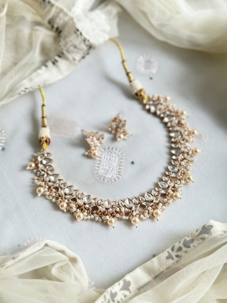 Polki Lotus Pearl cluster drops neckset