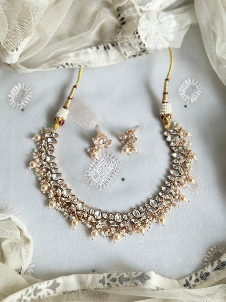 Polki Lotus Pearl cluster drops neckset