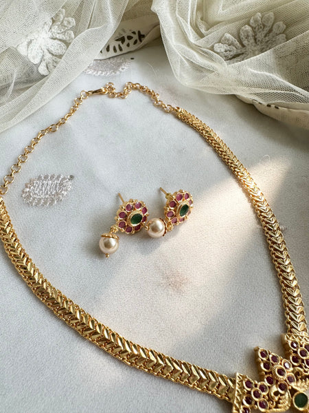 Gold CZ Ruby-Green pendant muruku chain set