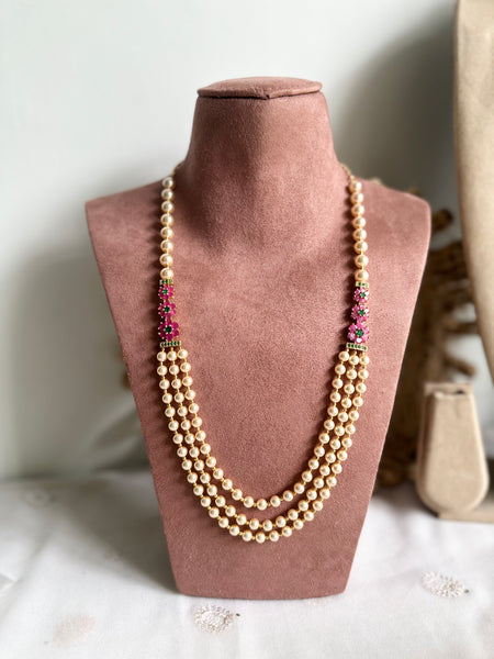 3 layer pearl with floral mogappu chain
