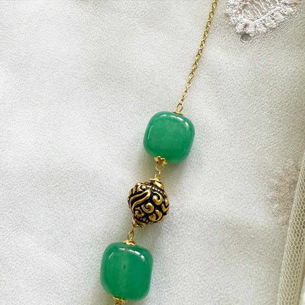 Antique gold, Green square bead mala - 20 inch - Adorna