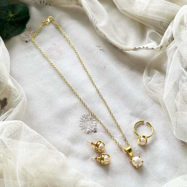 Single pearl combo set - necklace, earrings & finger ring - Adorna