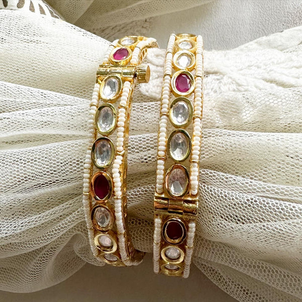 Oval Kundan Pearl laced bangles - Size 2.6 - set of 2