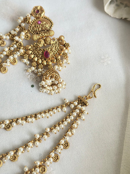 Matte flower chandbali jumkhas with ear chains/maatal attached