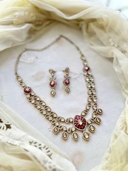 Antique Polki layered short bridal set - Ruby