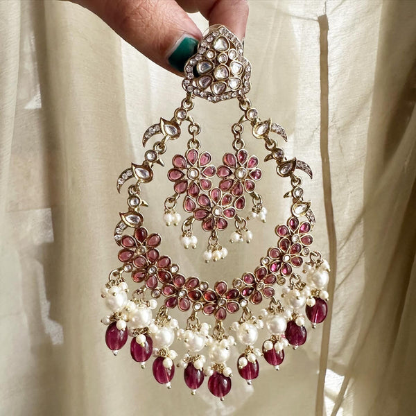 Layered floral chandbali Grape earrings - Wine - Adorna