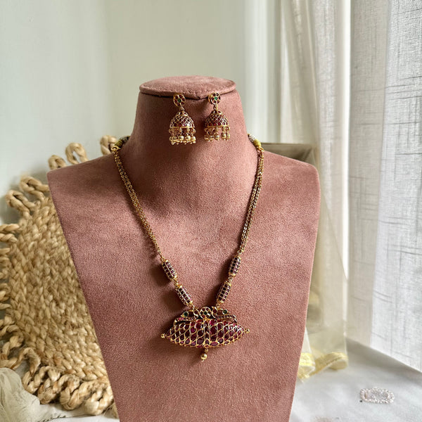 Matte Kemp Peacock mala set with jumkhas