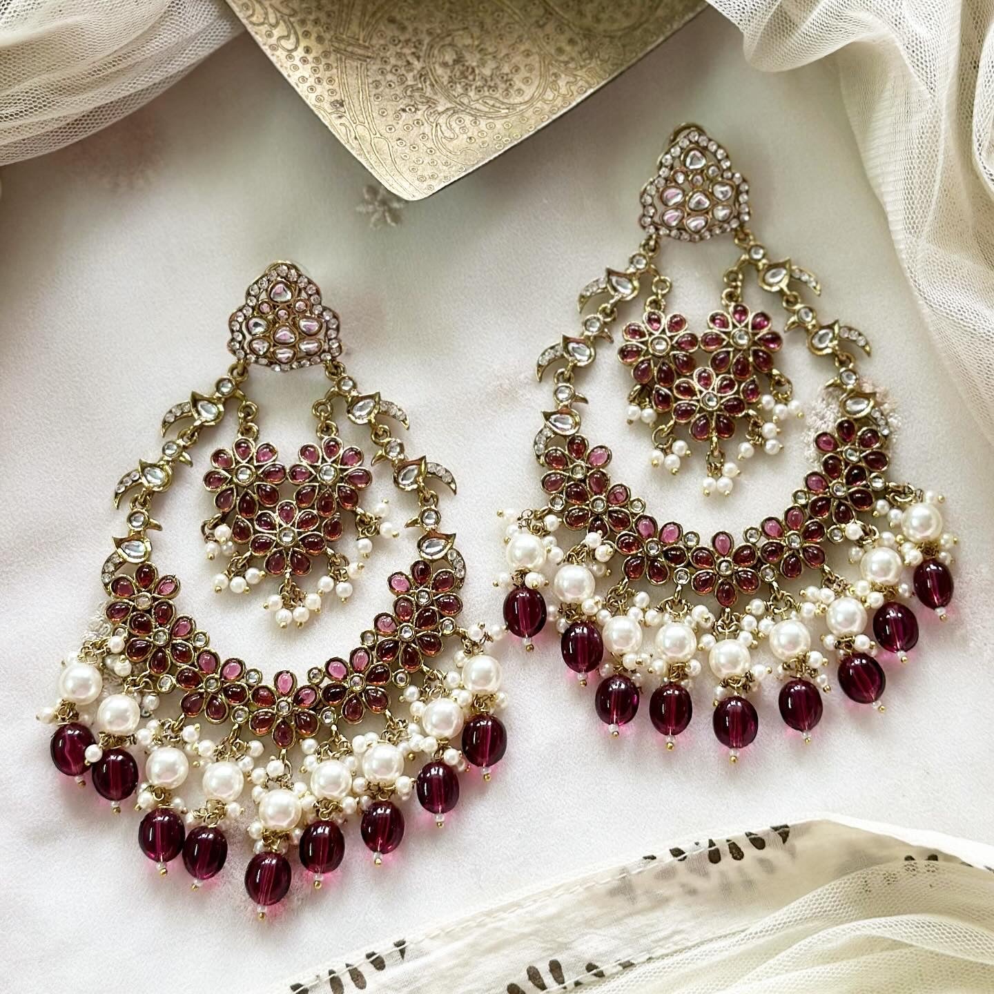 Layered floral chandbali Grape earrings - Wine - Adorna