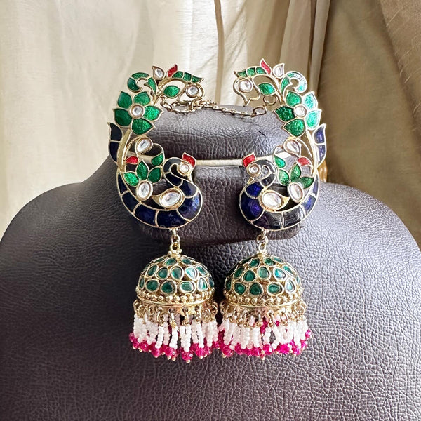 Peacock Polki Ear-cuff jumkhas with side chain - Adorna