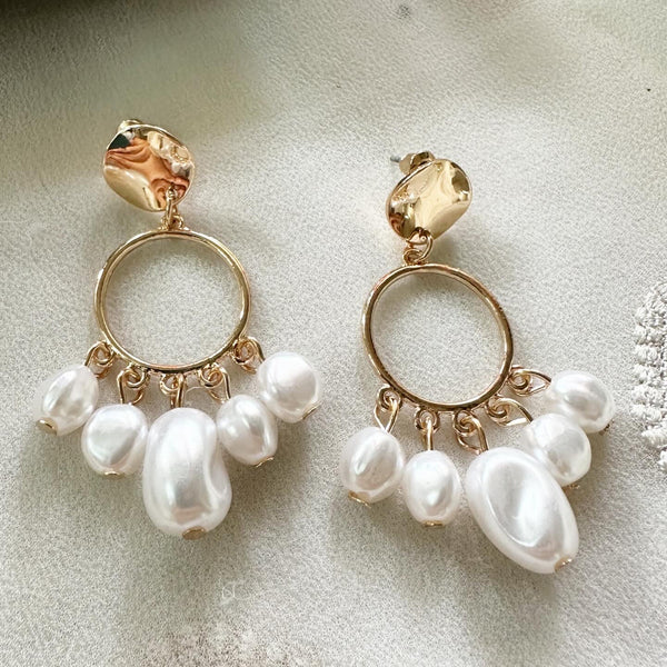 Gold beaten stud pearl drop earrings