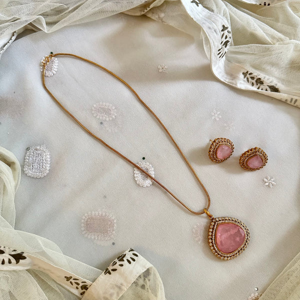 Matte tear drop CZ pendant set- Pink