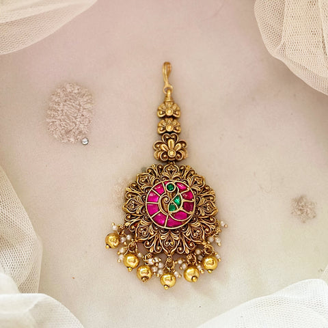 Kundan Jadau Peacock Floral tikka - Gold beads
