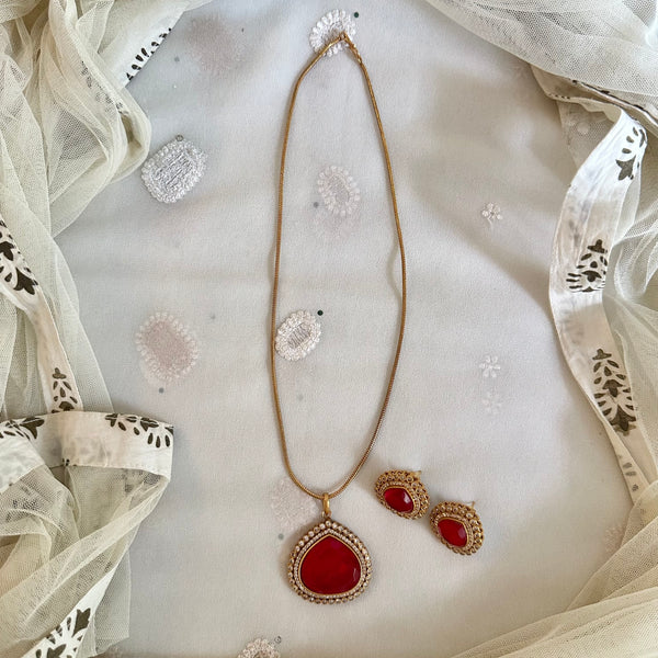 Matte tear drop CZ pendant set- Ruby