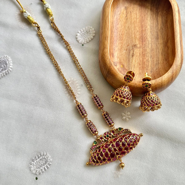 Matte Kemp Peacock mala set with jumkhas