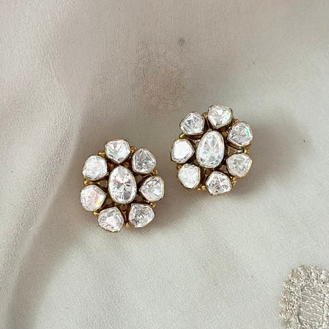 Polki Cut stone oval flower earrings