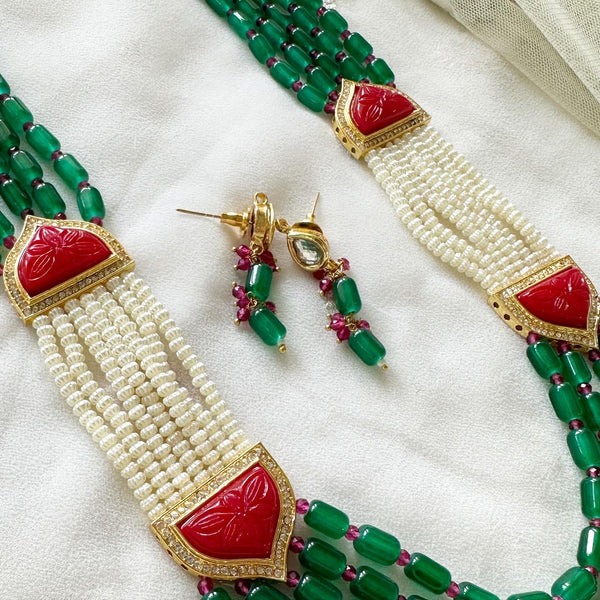 Mughal pearl mogappu Green mala set - Adorna