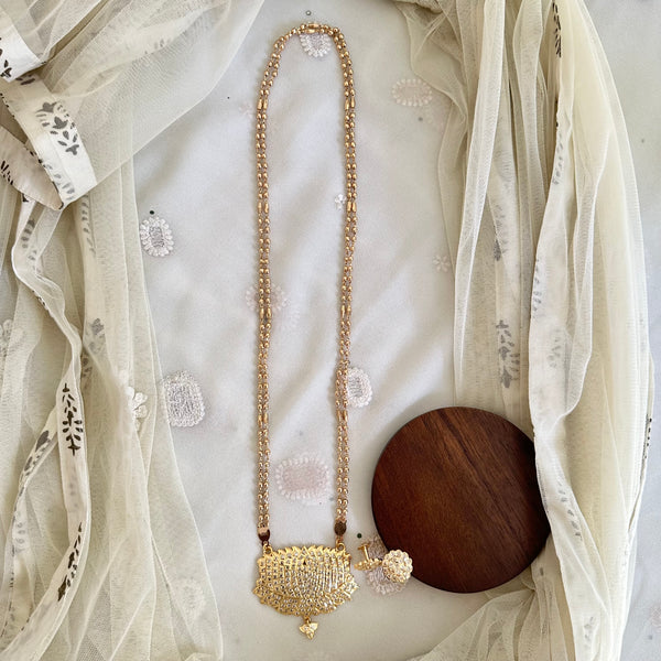 Traditional Long gold beaded mala set (screw type earrings)