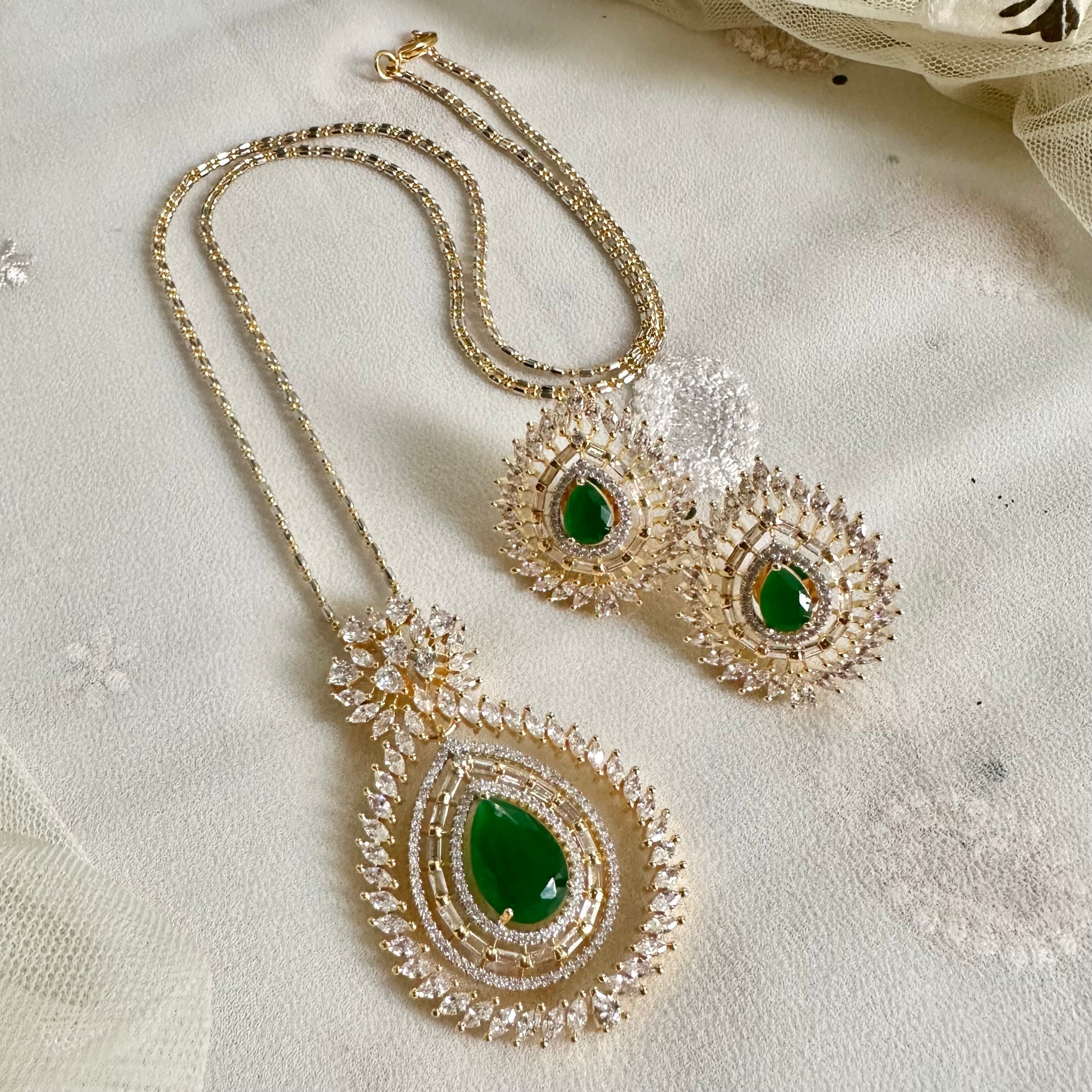 Green CZ tear drop floral pendant set