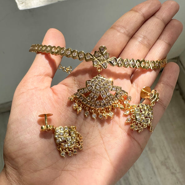 Traditional AD gold attigai with drop studs - White