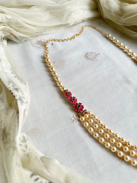 3 layer pearl with floral mogappu chain