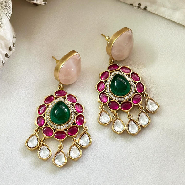 Pink Kundan Jadau tear drop floral drop earrings