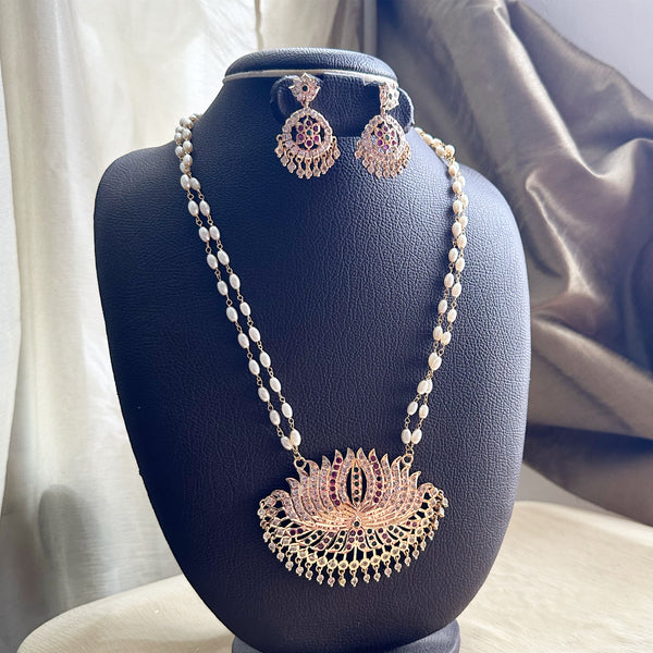 Traditional Impon Lotus 2-line pearl mala set (screw type earrings)