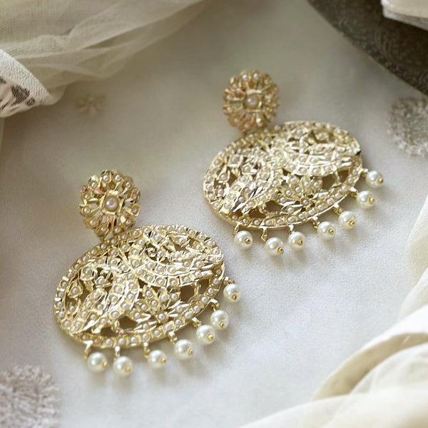 Gold Pearl dots floral earrings - Adorna