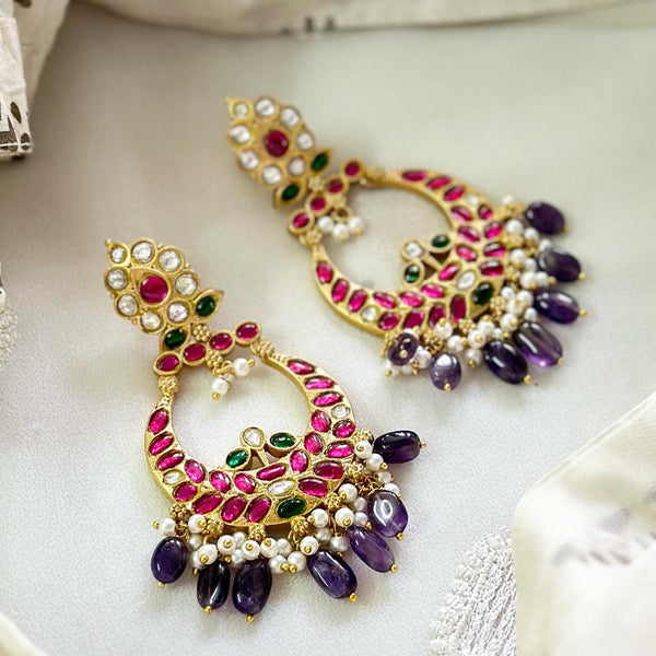 Kundan Jadau Ruby-Purple long earrings (screw type)