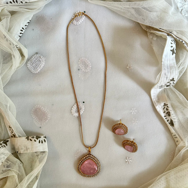 Matte tear drop CZ pendant set- Pink