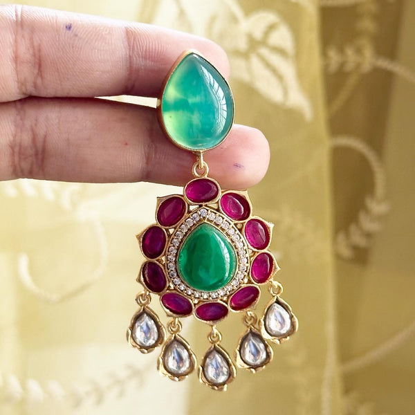 Kundan Jadau tear drop floral drop earrings - Ruby-Green