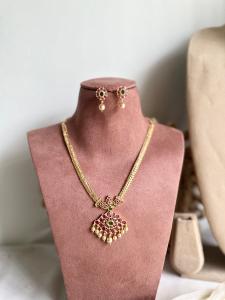 Gold CZ Ruby-Green pendant muruku chain set