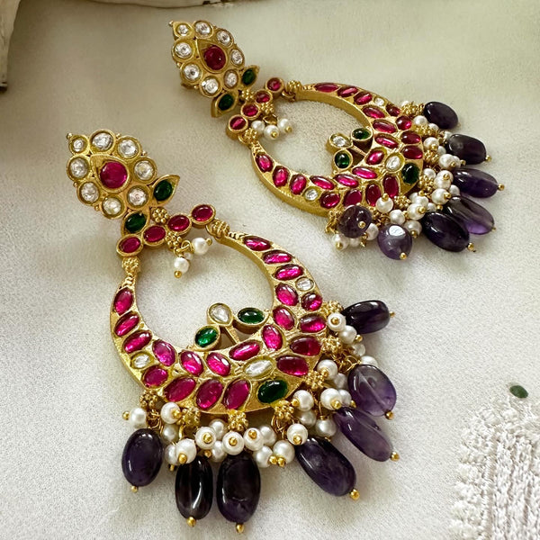 Kundan Jadau Ruby-Purple long earrings (screw type)