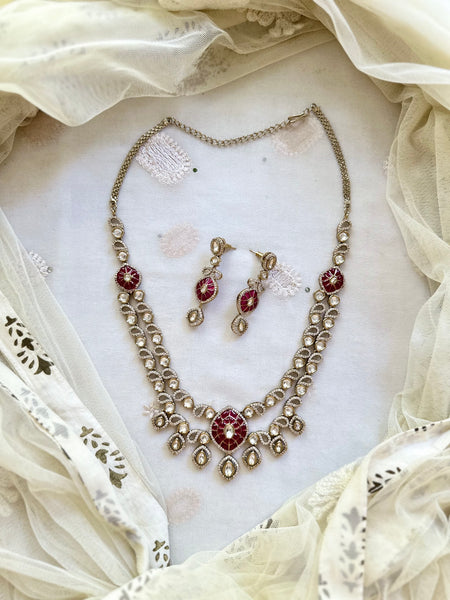 Antique Polki layered short bridal set - Ruby